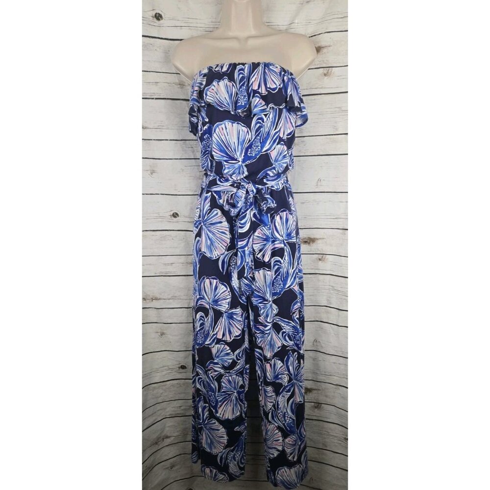 Lilly Pulitzer Strapless Blue Shell Print Jumpsuit XS Wide Leg Flounce Belt Knit